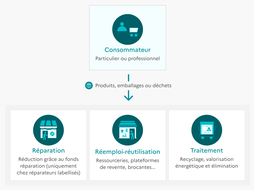 Schéma des flux descendants depuis le consommateur (particulier ou professionnel) vers 3 types de gestion des produits, emballages ou déchets : la réparation, le réemploi-réutilisation, et le traitement.