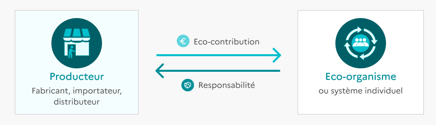 Schéma montrant la relation entre un producteur (fabricant, importateur ou distributeur) et un éco-organisme ou système individuel. Une flèche du producteur vers l’éco-organisme indique le versement d’une éco-contribution, et une flèche en retour indique le transfert de responsabilité lié à la gestion de la fin de vie des produits.