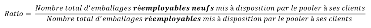 Formule : Ratio égal Nombre total d'emballages réemployables neufs mis à disposition par le pooler à ses clients sur Nombre total d'emballages réemployables mis à disposition par le pooler à ses clients 