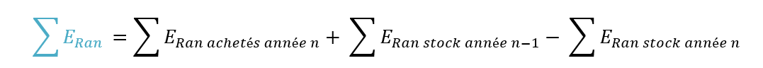 Formule : Quantité d'emballages réemployables neufs est égal à quantité d'emballages réemployables neufs achetés année n plus quantité d'emballages réemployables neufs stock année n-1 moins quantité d'emballages réemployables neufs stock année n 